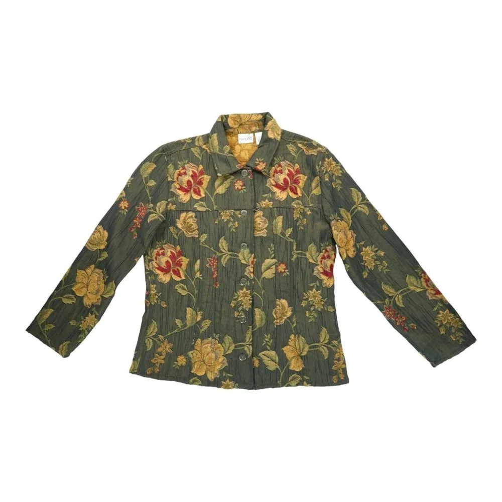 Vintage Chicos 1 Women's Jacket Button Floral Green Long Sleeve Embroidered